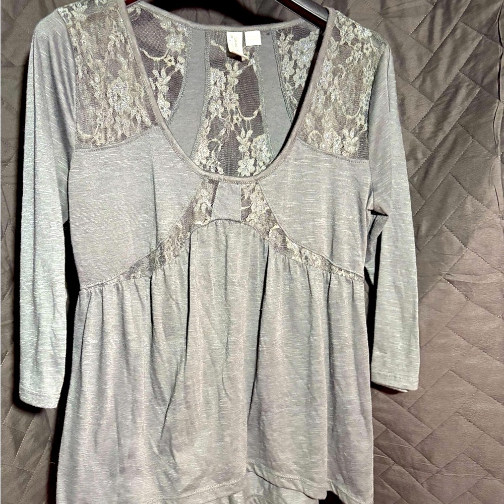 Romantic Rebel’s Gray Asymmetrical Lace Blouse